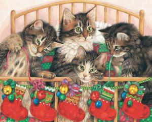 kitties in bed Animals cats Christmas time Four painting Pets ribbon socks HD wallpaper thumb