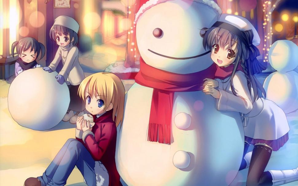Anime children playing in the snow wallpaper,anime HD wallpaper,2560x1600 HD wallpaper,snow HD wallpaper,winter HD wallpaper,snowman HD wallpaper,2560x1600 wallpaper