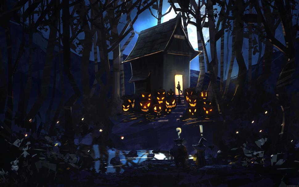 Crowd of pumpkin before a haunted house wallpaper,pumpkin HD wallpaper,halloween HD wallpaper,night HD wallpaper,dark HD wallpaper,horror HD wallpaper,cartoon HD wallpaper,3187x1992 wallpaper