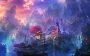 Exquisite watercolors, morning mist mountain temple and waterfalls wallpaper thumb