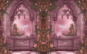 Rose Garden, pigeons, roses, flowers, candles, windows, art pictures wallpaper thumb