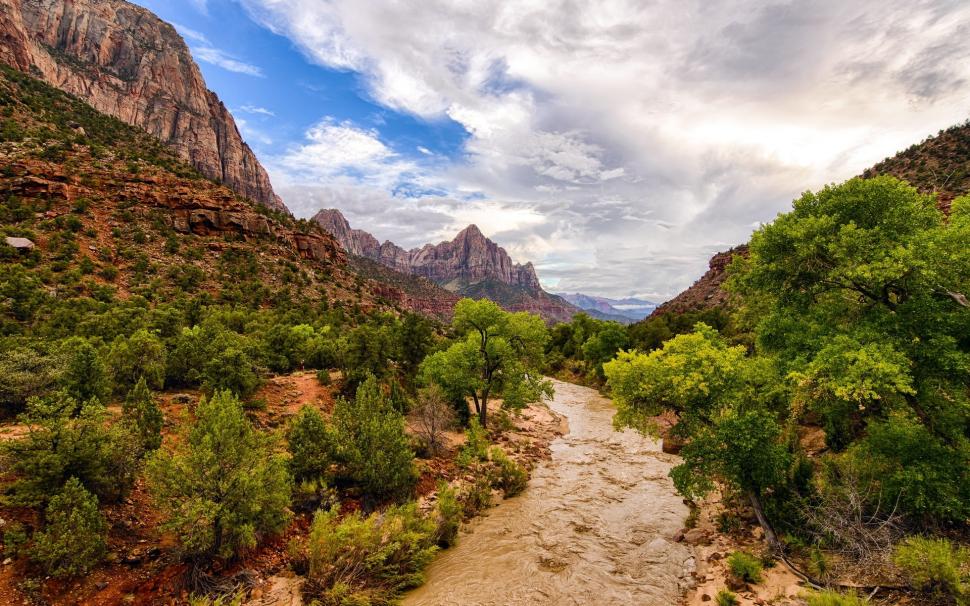 Zion National Park, river, mountains, trees, USA wallpaper,Zion HD wallpaper,National HD wallpaper,Park HD wallpaper,River HD wallpaper,Mountains HD wallpaper,Trees HD wallpaper,USA HD wallpaper,1920x1200 wallpaper