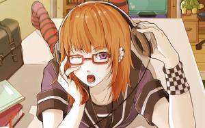 Anime Girls, Headphones, Glasses, Original Characters, Orange Hair wallpaper thumb
