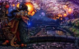 League Legends Girl Kimono Bridge Cherry Blossom Flashlights Fantasy Background Images wallpaper thumb