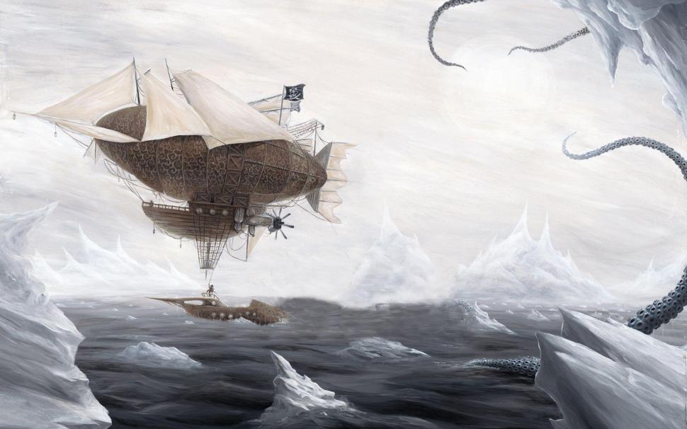 Pirate blimp flying over the frozen sea wallpaper,fantasy HD wallpaper,1920x1200 HD wallpaper,pirate HD wallpaper,steampunk HD wallpaper,blimp HD wallpaper,1920x1200 wallpaper