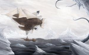 Pirate blimp flying over the frozen sea wallpaper thumb