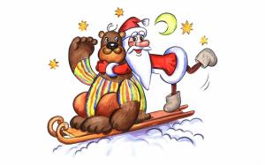 bear, santa claus, greeting card, stars, moon, sleigh, holiday wallpaper thumb