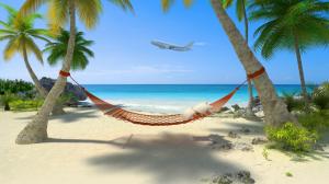Seaside scenery, coconut trees, hammocks, blue sea, sky, aircraft, beach wallpaper thumb
