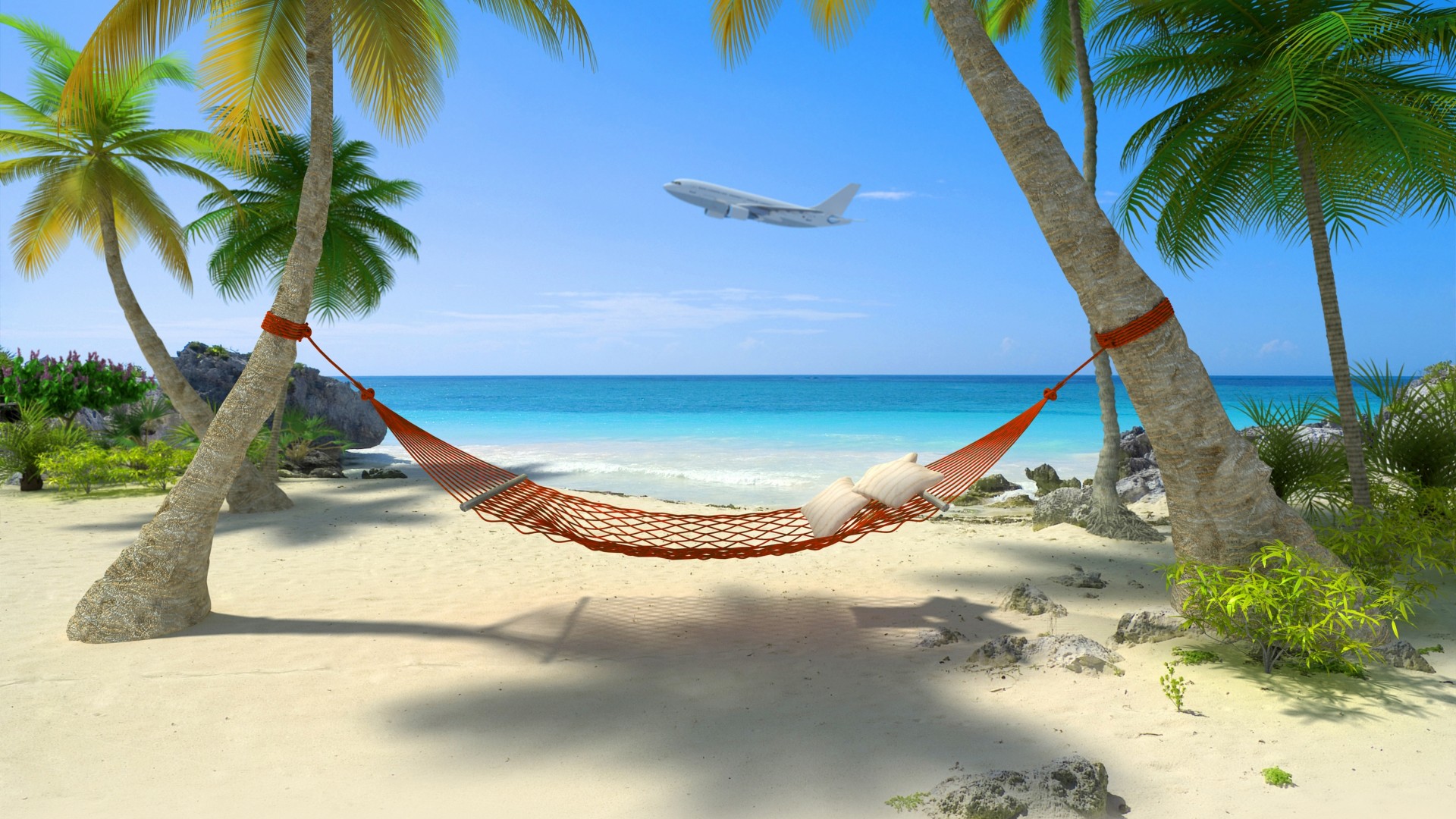 Seaside scenery, coconut trees, hammocks, blue sea, sky, aircraft ...