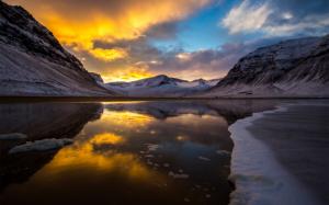 Lake, mountains, sunset, ice, cold, snow, clouds wallpaper thumb