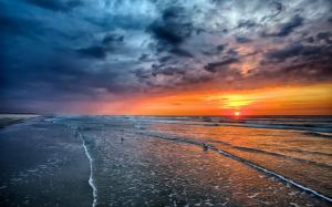 Sunset, sea, beach, coast, waves, birds wallpaper thumb