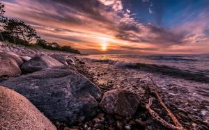 Denmark, coast, sea, surf, rocks, sunset wallpaper thumb