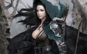 Render fantasy girl, black hair, bow arrow, magic forest wallpaper thumb
