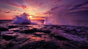 Ocean Sunset Splash Rock Stone Purple HD wallpaper thumb