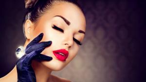 Girl makeup, red lipstick, eyelashes, gloves, diamond ring wallpaper thumb
