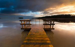 Sweden Varmland lake, wooden bridge, night sky clouds wallpaper thumb