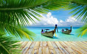 Nature, Landscape, Beach, Tropical, Palm Trees, Walkway, Boat, Thailand, Sea, Summer wallpaper thumb