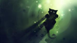 Cute Black Cat Water Lights Painting wallpaper thumb