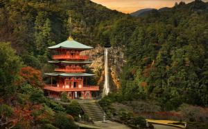 Japan landscape, temple, mountain, trees, waterfall wallpaper thumb