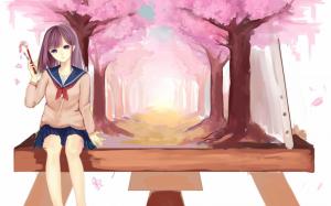 mimi tsukue, schoolgirl, cherry, girl, brush, trees wallpaper thumb