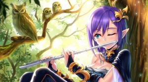 Anime Girls, Owl, Flute, Elven Ears, Purple Hair, Elves wallpaper thumb