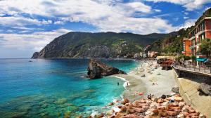 Italy, Monterosso, Cinque Terre, beach, coast, sea, rocks, houses, mountains wallpaper thumb