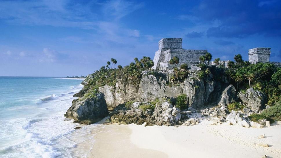 Maya Ruins On A Beach In Cancun Mexico wallpaper,beach HD wallpaper,hill HD wallpaper,ruins HD wallpaper,ancient HD wallpaper,nature & landscapes HD wallpaper,1920x1080 wallpaper