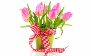 Fresh flowers, pink tulips, ribbon, vase wallpaper thumb