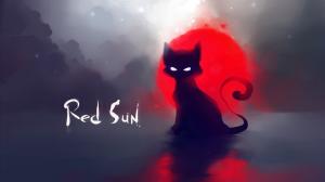 Red sun black cat painting wallpaper thumb