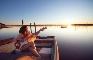 Women, Asian, Bass Guitar, Sunset, Boat, Water, Lake, Reflection wallpaper thumb