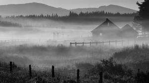 Mist Fog Barn BW Fence HD wallpaper thumb