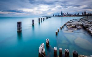 Chicago Posts Ocean Rocks Stones Buildings HD wallpaper thumb