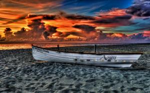 Sunset sea beach landscape, cloudy sky, boat wallpaper thumb