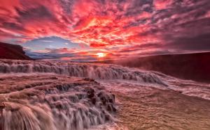 Beautiful sunset, river, rapids, stream, clouds, glow, red sky wallpaper thumb