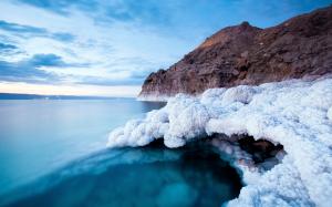 Dead sea coast, white salt, blue sea wallpaper thumb