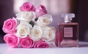 Chanel Coco Mademoiselle perfume, white and pink rose flowers wallpaper thumb
