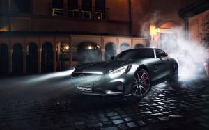 Mercedes-Benz AMG GT S silver supercar, night, lights, smoke wallpaper thumb