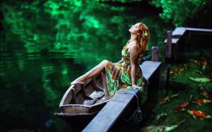 Pretty Girl In Lake with Boat wallpaper thumb