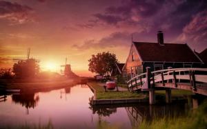 Nature, Landscape, Netherlands, Sunset, Windmills, Canal, Bridge, Water, House, Clouds wallpaper thumb