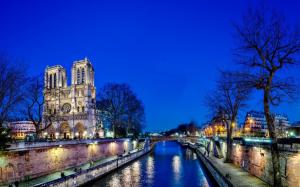 Notre Dame de Paris, France, city, night, trees, bridge, river, lights wallpaper thumb