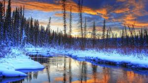 Snow, winter, mountains, trees, river, sunset wallpaper thumb