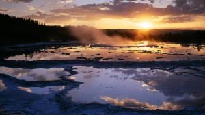 Sunset At The Great Fountain Geyser In Yellowstone wallpaper thumb