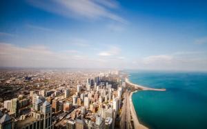 Chicago, USA, Illinois, ocean, coastline, horizon, sky, clouds, skyscrapers, roads wallpaper thumb