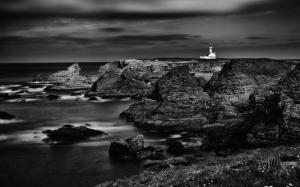 Lighthouse BW Rocks Stones Ocean Coast HD wallpaper thumb