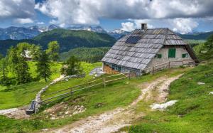 Slovenia, Bohinj, house, mountains, clouds, forest, fence, path wallpaper thumb