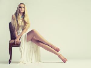 Beautiful girl, blonde, long dress, sitting at chair, legs wallpaper thumb
