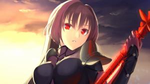 Lancer, Fate Grand Order, Fate Series, Type Moon, Solo, Bangs, Red Eyes, Open , Mouth, Long Hair, Anime Girls, Sunset, Clouds, Brunette, Gloves, Weapon, Armor, Spear wallpaper thumb