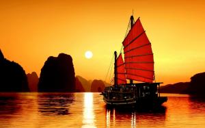 sailboat, along bay, lake, sunset, horizon, landscape, asia, stunning, vietnam, evening, world wallpaper thumb