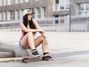 skateboard, sitting, jean shorts, girls, women wallpaper thumb