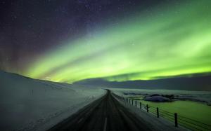 Beautiful northern lights, road, snow, winter, Iceland wallpaper thumb